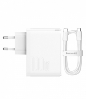 Baseus ładowarka sieciowa GaN5 Pro PD 100W 1x USB-C 1x USB biała + kabel USB-C - USB-C Baseus