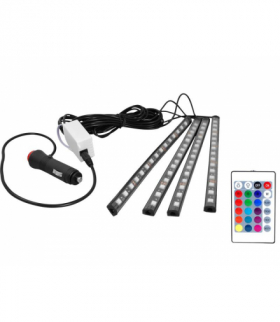 Oświetlenie wnętrza auta, kabiny, 4 x listwa RGB 15 x LED wodoodoporna + sterownik/pilot/wtyk zapalniczki, IP54. LTC LXAS18