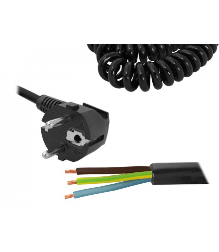 Przewód spiralny z wtyczką, kabel zasilający 5m 3x1,5, czarny. LXAC53