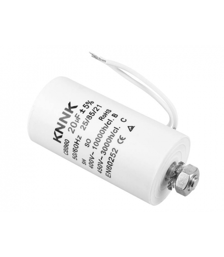 Kondensator silnikowy 20 uF / 450 VAC z przewodem. LXKONN023