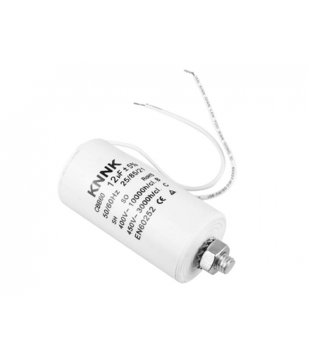 Kondensator silnikowy 12 uF / 450 VAC z przewodem. LXKONN021
