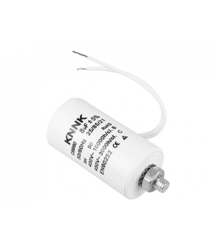 Kondensator silnikowy 8 uF / 450 VAC z przewodem. LXKONN019