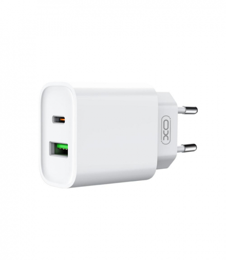 XO ładowarka sieciowa CE02A PD 20W QC 3.0 18W 1x USB 1x USB-C biała + kabel USB-C – USB-C TFO GSM177825