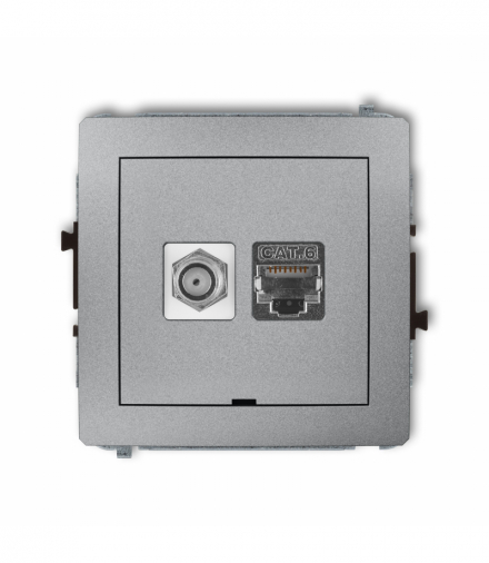 DECO Mechanizm gniazda antenowego poj. typu F (SAT) + gniazda komp. poj. 1xRJ45, kat. 6 ekranowany, 8-stykowy, bez pola opisowego Srebrny metalik Karlik 7DGFKBO-5