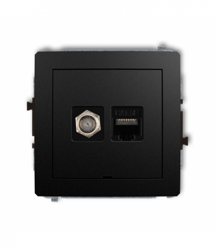 DECO Mechanizm gniazda antenowego poj. typu F (SAT) + gniazda komp. poj. 1xRJ45, kat. 5e, 8-stykowy, bez pola opisowego Czarny mat Karlik 12DGFKBO-1