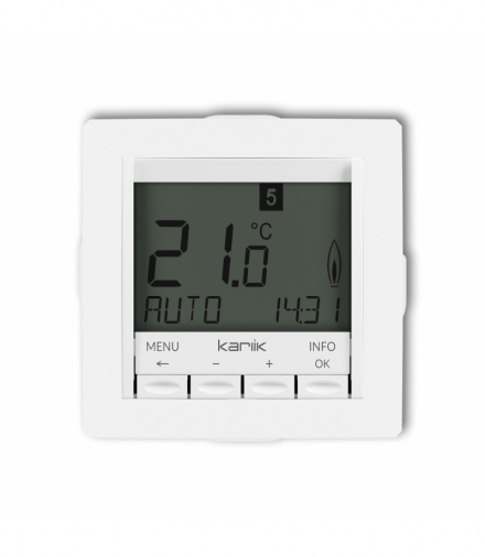 DECO Mechanizm uniwersalnego elektronicznego tygodniowego regulatora temperatury (podświetlenie niebieskie) Biały mat Karlik 25DRT-3.2