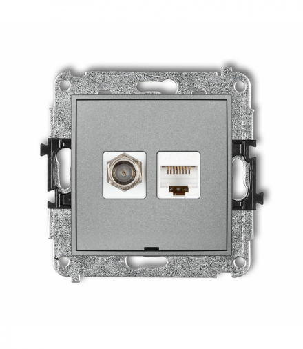 MINI Mechanizm gniazda antenowego poj. typu F (SAT) + gniazda komp. poj. 1xRJ45, kat. 5e, 8-stykowy, bez pola opisowego Srebrny metalik Karlik 7MGFKBO-1