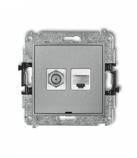 MINI Mechanizm gniazda antenowego poj. typu F (SAT) + gniazda komp. poj. 1xRJ45, kat. 6, 8-stykowy, bez pola opisowego Srebrny metalik Karlik 7MGFKBO-3