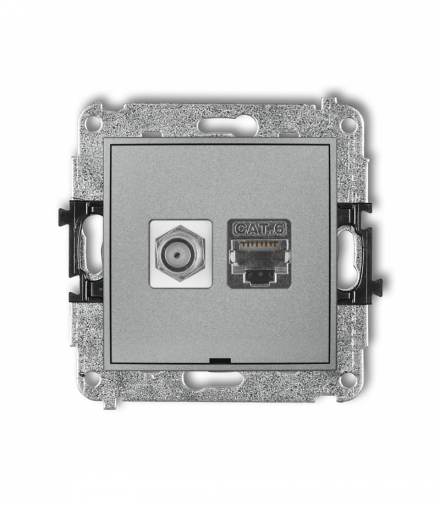 MINI Mechanizm gniazda antenowego poj. typu F (SAT) + gniazda komp. poj. 1xRJ45, kat. 6 ekranowany, 8-stykowy, bez pola opisowego Srebrny metalik Karlik 7MGFKBO-5