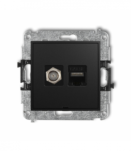 MINI Mechanizm gniazda antenowego poj. typu F (SAT) + gniazda komp. poj. 1xRJ45, kat. 5e, 8-stykowy, bez pola opisowego Czarny mat Karlik 12MGFKBO-1