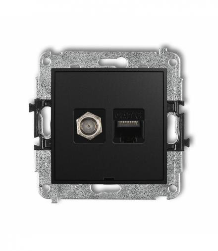 MINI Mechanizm gniazda antenowego poj. typu F (SAT) + gniazda komp. poj. 1xRJ45, kat. 6, 8-stykowy, bez pola opisowego Czarny mat Karlik 12MGFKBO-3