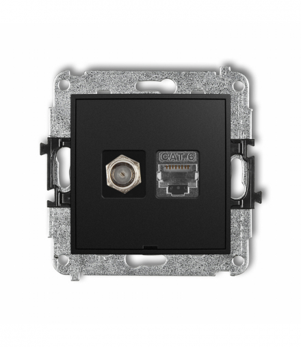 MINI Mechanizm gniazda antenowego poj. typu F (SAT) + gniazda komp. poj. 1xRJ45, kat. 6 ekranowany, 8-stykowy, bez pola opisowego Czarny mat Karlik 12MGFKBO-5