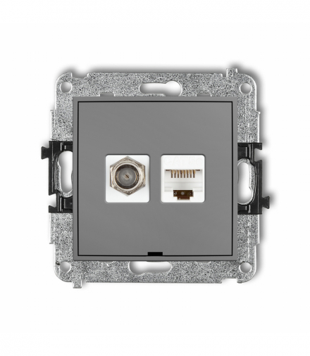 MINI Mechanizm gniazda antenowego poj. typu F (SAT) + gniazda komp. poj. 1xRJ45, kat. 5e, 8-stykowy, bez pola opisowego Szary mat Karlik 27MGFKBO-1