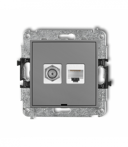 MINI Mechanizm gniazda antenowego poj. typu F (SAT) + gniazda komp. poj. 1xRJ45, kat. 6, 8-stykowy, bez pola opisowego Szary mat Karlik 27MGFKBO-3