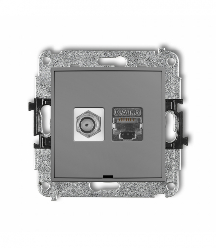 MINI Mechanizm gniazda antenowego poj. typu F (SAT) + gniazda komp. poj. 1xRJ45, kat. 6 ekranowany, 8-stykowy, bez pola opisowego Szary mat Karlik 27MGFKBO-5