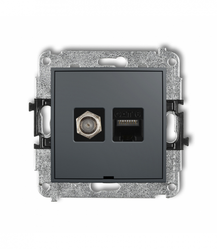 MINI Mechanizm gniazda antenowego poj. typu F (SAT) + gniazda komp. poj. 1xRJ45, kat. 6, 8-stykowy, bez pola opisowego Grafitowy mat Karlik 28MGFKBO-3