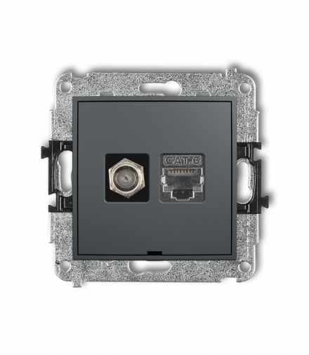MINI Mechanizm gniazda antenowego poj. typu F (SAT) + gniazda komp. poj. 1xRJ45, kat. 6 ekranowany, 8-stykowy, bez pola opisowego Grafitowy mat Karlik 28MGFKBO-5