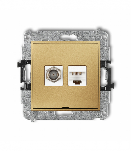 MINI Mechanizm gniazda antenowego poj. typu F (SAT) + gniazda komp. poj. 1xRJ45, kat. 5e, 8-stykowy, bez pola opisowego Złoty Karlik 29MGFKBO-1