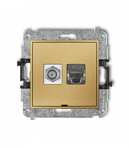 MINI Mechanizm gniazda antenowego poj. typu F (SAT) + gniazda komp. poj. 1xRJ45, kat. 6 ekranowany, 8-stykowy, bez pola opisowego Złoty Karlik 29MGFKBO-5