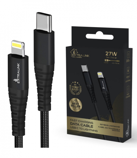 Extralink Smart Life USB Type-C to Lightning Cable Braided Czarny Kabel USB-C - Lightning 27W, 200cm EXTRALINK CABESL03