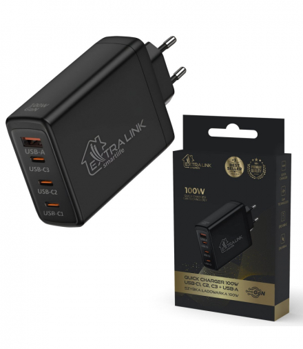 Extralink Smart Life Fast Charger 100W GaN Ładowarka 3x USB-C, USB-A, CHARESL01 EXTRALINK CHARESL01