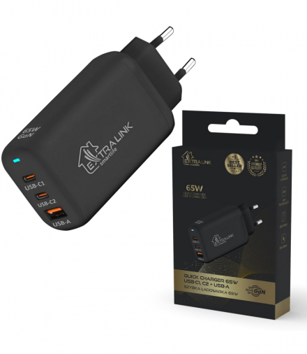 Extralink Smart Life Fast Charger 65W GaN Ładowarka 2x USB-C, USB-A, CHARESL02 EXTRALINK CHARESL02