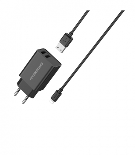 Riversong ładowarka sieciowa SafeKub D2 2x USB 12W czarna + kabel USB - Lightning AD29 + CL85 TFO GSM173771