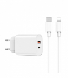 WIWU ładowarka sieciowa Wi-U002 PD + QC 20W 1x USB 1x USB-C biała + kabel USB-C - Lightning TFO GSM179557