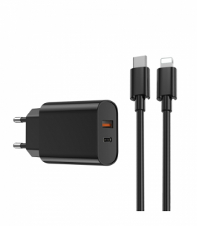 WIWU ładowarka sieciowa Wi-U002 PD + QC 20W 1x USB 1x USB-C czarna + kabel USB-C - Lightning TFO GSM179558