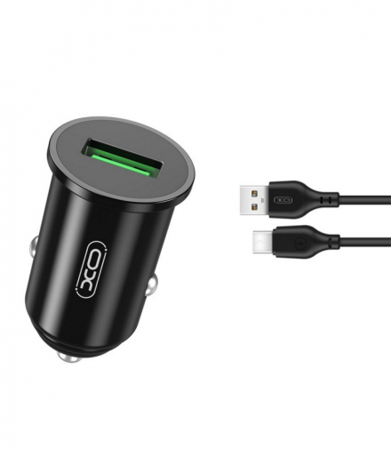 XO ładowarka samochodowa TZ12 QC 3.0 18W 1x USB czarna + kabel USB-C TFO GSM108001