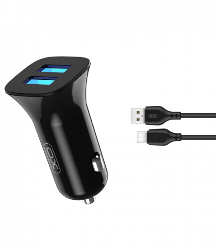 XO ładowarka samochodowa TZ10 2x USB 2,4A czarna + kabel USB-C TFO GSM167466