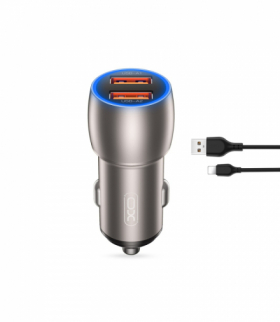 XO ładowarka samochodowa CC52 QC 36W 2x USB szara + kabel Lightning TFO GSM170025