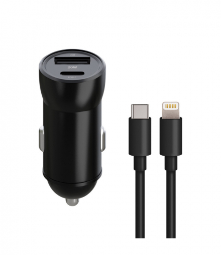 Maxlife ładowarka samochodowa PD QC MXCC-04 1x USB-C 1x USB 20W czarna + kabel USB-C - Lightning 27W TFO OEM0400389