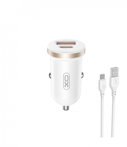 XO ładowarka samochodowa CC56 PD 30W QC 1x USB 1x USB-C biała + kabel USB - microUSB TFO GSM175612