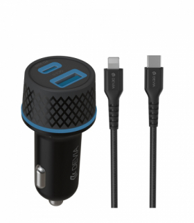 Devia ładowarka samochodowa Extreme PD QC 1x USB-C 1x USB 52,5W czarna + kabel USB-C - Lightning TFO BRA013526