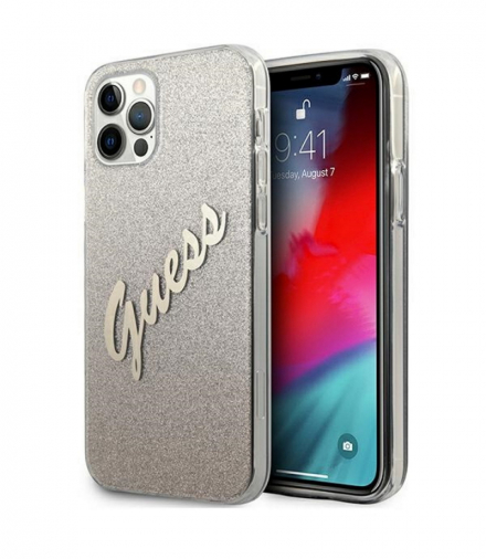 Nakładka do iPhone 12 Pro Max 6,7" GUHCP12LPCUGLSGO złote hard case Glitter Gradient Script TFO Guess GSM109229