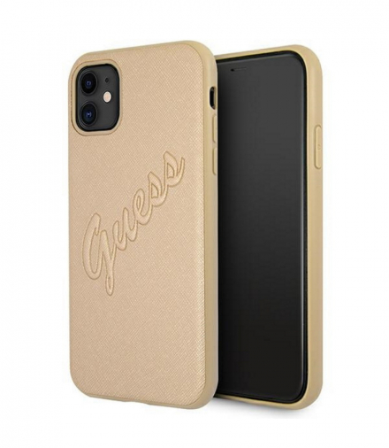 Nakładka do iPhone 12 Pro Max 6,7" GUHCP12LRSAVSLG złote hard case Saffiano Vintage Script TFO Guess GSM109232