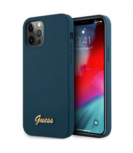 Nakładka do iPhone 12 Pro Max 6,7" GUHCP12LLSLMGBL niebieska hard case Silicone Script Gold Logo TFO Guess GSM111600