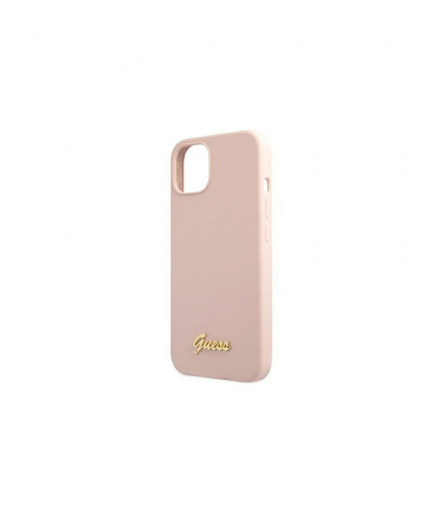 Nakładka do iPhone 13 Pro Max 6,7" GUHMP13XLSLMGLP jasnoróżowa hard case Silicone Script Gold Logo Magsafe TFO Guess GSM116066
