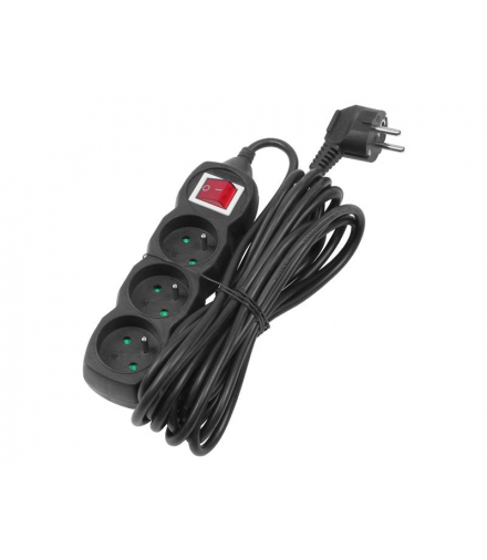 Przedłużacz sieciowy 3 gniazda z uziemieniem i wyłącznikiem, 5 m, czarny. LXPP17