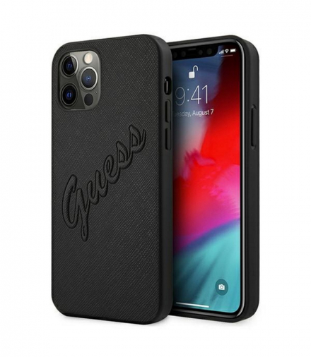 Nakładka do iPhone 12 / 12 Pro 6,1" GUHCP12MRSAVSBK czarna hard case Saffiano Vintage Script TFO Guess GSM109259
