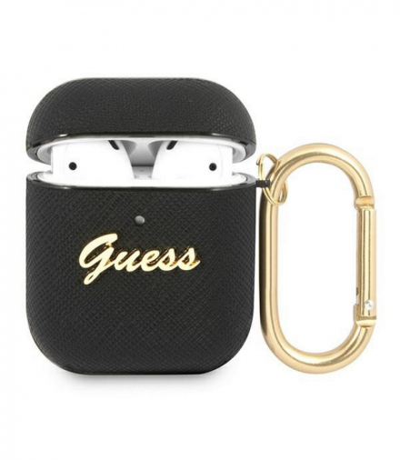 Etui do AirPods GUA2SASMK czarne Saffiano Script Metal Collection TFO Guess GSM111653
