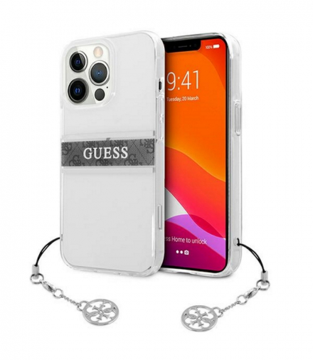 Nakładka do iPhone 13 Pro Max 6,7" GUHCP13XKB4GGR przeźroczysta hard case 4G Grey Strap Charm TFO Guess GSM114349