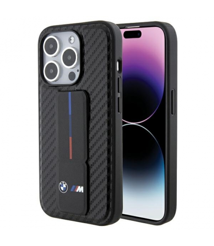 Nakładka do iPhone 15 Pro 6,1" czarna BMHCP15LGSPCCK M HC GRIP STAND PU SMOOTH AND CARBON TFO BMW BRA100433