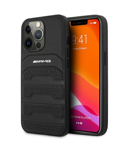 Nakładka do iPhone 13 Pro Max 6,7" AMHCP13XGSEBK czarna HC Leather Debossed Lines White Logo TFO AMG BRA100344