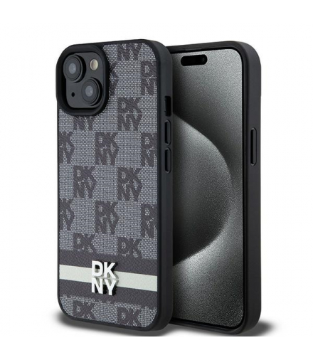Nakładka do iPhone 15 Plus 6,7" DKHCP15MPCPTSSK czarna HC PU checkered pattern w printed stripes TFO DKNY BRA100643