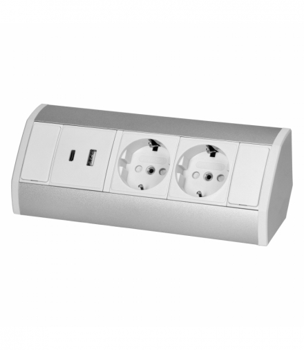Gniazdo meblowe 2x2P+Z (Schuko), 2xUSB (typ A+C 2,4A), biało-srebrne Orno OR-GM-9039(GS)/W-G