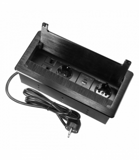 Gniazdo meblowe wpuszczane w blat z płaskim frezowanym rantem, szczotką przeciwkurzową i przewodem 1,5m, 2x2P+Z (Schuko), 2xUSB (typ A+C 3,6A), 2xNET, czarne Orno OR-GM-9041(GS)/B