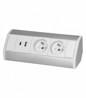 Gniazdo meblowe 2x2P+Z, 2xUSB (typ A+C 2,4A), biało-srebrne Orno OR-GM-9039/W-G