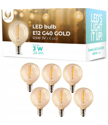 Żarówki LED do Girlanday świetlnej solarnej złota op. 6szt. E12 G40 0.5W 3V 30lm LXOGR05